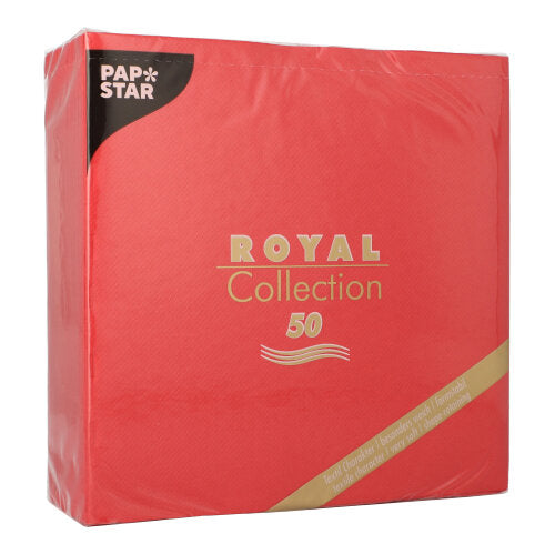 Ένα κόκκινο πακέτο PAPSTAR 50 χαρτοπετσέτες "ROYAL Collection" 1/4-πτυχή 40x40 cm κόκκινο από PAPSTAR GmbH, με επωνυμία και λεπτομέρειες συλλογής σε χρυσό και λευκό στην μπροστινή πλευρά.