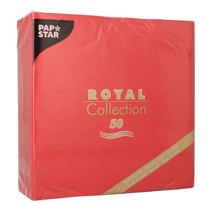 Ένα κόκκινο πακέτο PAPSTAR 50 χαρτοπετσέτες "ROYAL Collection" 1/4-πτυχή 40x40 cm κόκκινο από PAPSTAR GmbH, με επωνυμία και λεπτομέρειες συλλογής σε χρυσό και λευκό στην μπροστινή πλευρά.