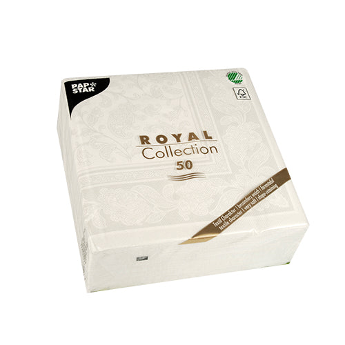 Eine weiße, quadratische Verpackung mit der Aufschrift "PAPSTAR 50 Servietten ROYAL Collection" ist mit einem dezenten Blumenmuster versehen und enthält 50 weiße Servietten (1/4-Falz, 40x40 cm). Oben links ist ein kleines schwarzes Etikett der PAPSTAR GmbH in weißer Schrift zu sehen.
