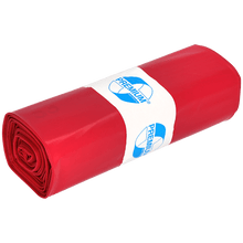 Ένα κυλινδρικό δέμα κόκκινων σακουλών απορριμμάτων EMIL DEISS KG 11702 (Τύπος 100, 575x1000 mm, 25 τεμάχια) με λευκή ετικέτα "Premium" σε μπλε γράμματα· ιδανικό για εργαστήριο και εργοτάξιο. Το προϊόν απεικονίζεται σε μονόχρωμο, φωτεινό φόντο.