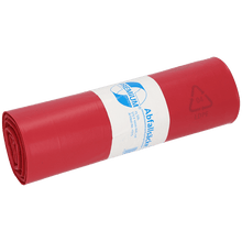 Ένας ρόλος κόκκινων πλαστικών σακουλών απορριμμάτων της EMIL DEISS KG (GmbH + Co.), DEISS 11705 - 575x1000 mm Typ 60, φέρει μια λευκο-μπλε ετικέτα με κείμενο, πληροφορίες ανακύκλωσης και την ονομασία του προϊόντος· περιέχει 25 σακούλες ανά ρολό.