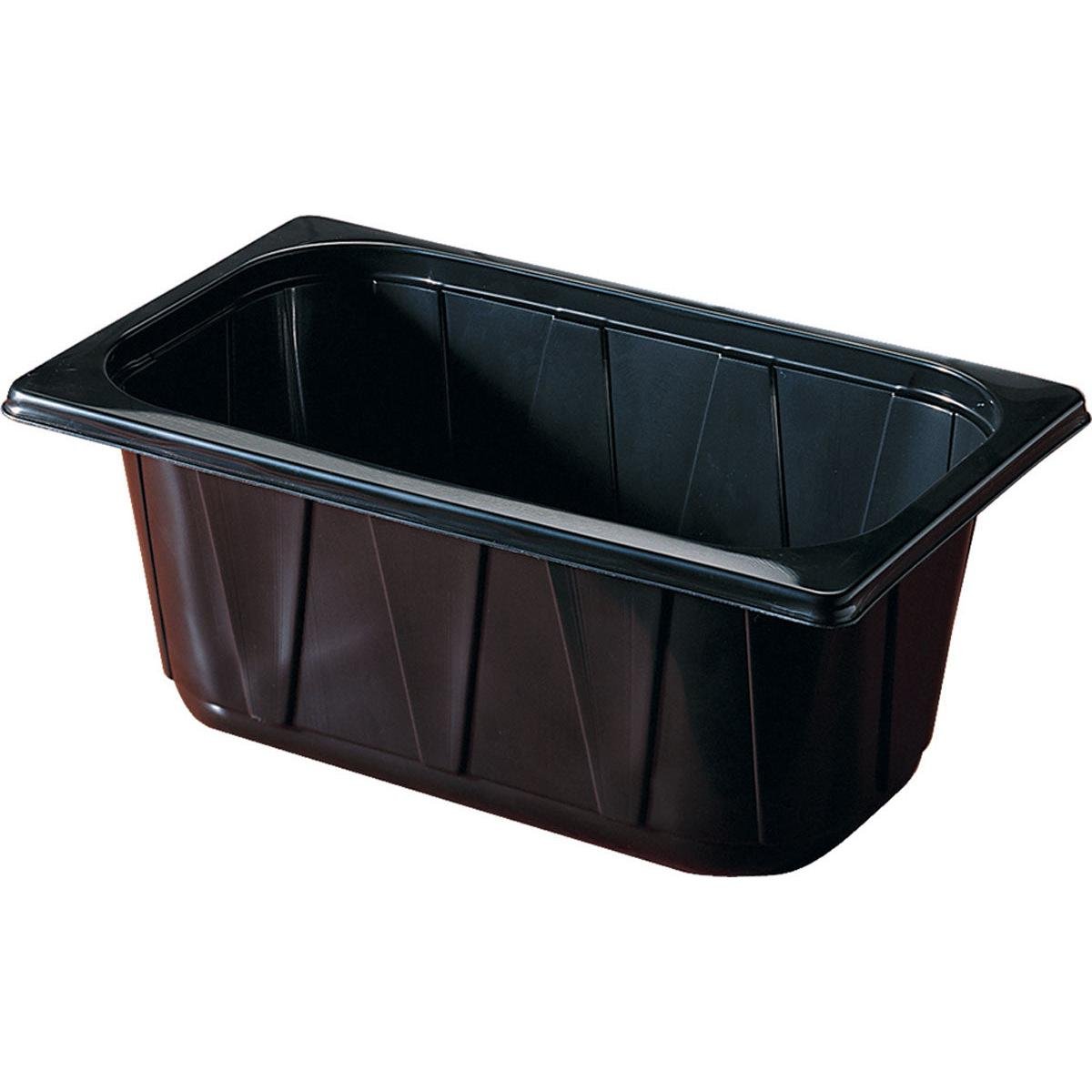 Η Duni GmbH PP Schale 1/4 GN Schwarz είναι ένα μαύρο, ορθογώνιο πιάτο με ελαφρώς κωνικές πλευρές και φαρδύ χείλος, ιδανικό για παρουσιάσεις μπουφέ στη γαστρονομία, απεικονισμένο σε λευκό φόντο.