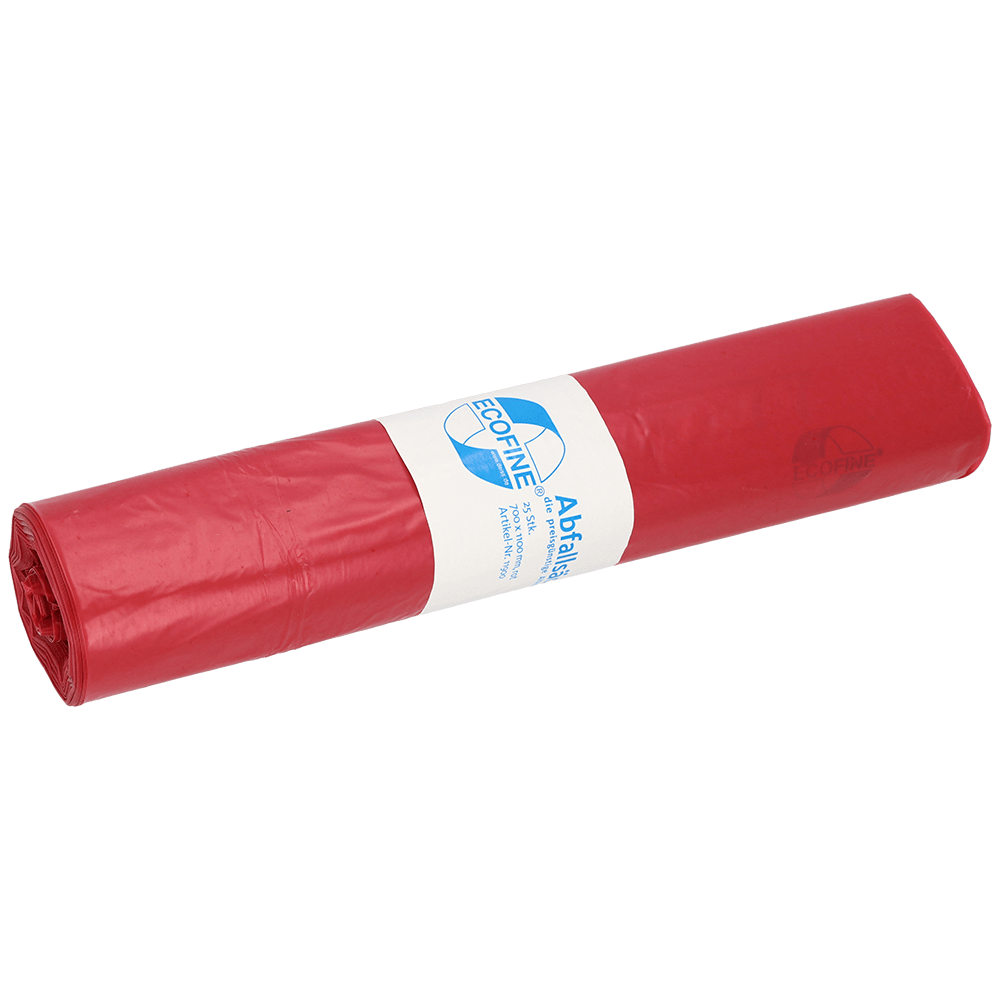 Ένας ρολός σάκων απορριμμάτων DEISS ECOFINE® 13900, 120 λίτρα, από ανακυκλωμένο LDPE/LLDPE από την EMIL DEISS KG (GmbH + Co.) με λευκή ετικέτα σε λευκό φόντο - ιδανικός για φιλική προς το περιβάλλον απόρριψη απορριμμάτων.