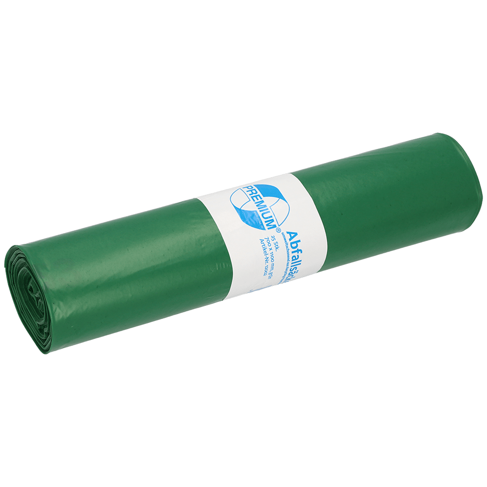 Ένα τυλιγμένο πακέτο πράσινων σακουλών απορριμμάτων DEISS 12002 (700x1100 mm, τύπος 60) από την EMIL DEISS KG, 25 σακούλες ανά ρολό, με λευκή ετικέτα και μπλε κείμενο για επαγγελματική διαχείριση απορριμμάτων.