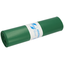 Eine Rolle DEISS 12003 grüner Abfallbeutel (700x1100x0,06 mm, 25 Beutel) von EMIL DEISS KG (GmbH + Co.), mit weiß-blauem Etikett mit Angaben zur professionellen Müllentsorgung.