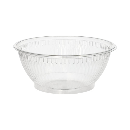 Τα Starpak 50 μπολ σαλάτας, R-PET στρογγυλά διάφανα από Starpak είναι ένα διαφανές μπολ σαλάτας από πλαστικό με φαρδύ χείλος και δομημένες κάθετες πλευρές, κατασκευασμένα από φιλικό προς το περιβάλλον R-PET, απεικονίζονται σε απλό λευκό φόντο.
