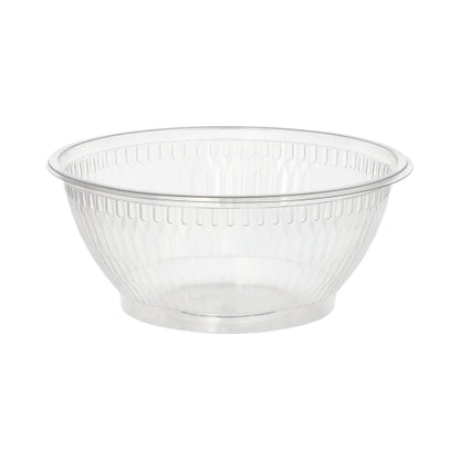 Τα Starpak 50 μπολ σαλάτας, R-PET στρογγυλά διάφανα από Starpak είναι ένα διαφανές μπολ σαλάτας από πλαστικό με φαρδύ χείλος και δομημένες κάθετες πλευρές, κατασκευασμένα από φιλικό προς το περιβάλλον R-PET, απεικονίζονται σε απλό λευκό φόντο.