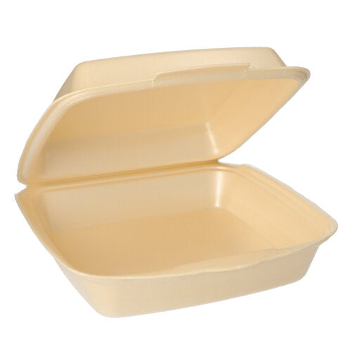 Ein beigefarbener, rechteckiger Starpak 50 Menüboxen mit Klappdeckel zum Mitnehmen-Behälter ist offen und leer und zeigt sein glattes Inneres mit einem an der Rückseite angebrachten Klappdeckel.
