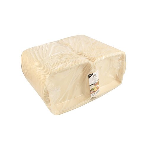Ένας σωρός από κουτιά μενού Starpak 50 με καπάκι, XPS μπεζ επενδυμένο, ιδανικό για συσκευασία τροφίμων, συσκευασμένο σε διαφανές πλαστικό με μια ετικέτα προϊόντος Starpak στο μπροστινό μέρος.