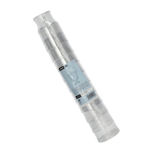 Μια στοίβα από δέκα ποτήρια Starpak 0,2l για κόκκινο κρασί από κρυστάλλινο πολυστυρόλιο (μονοκόμματα, Ø7,2cm, 10cm ύψος) είναι συσκευασμένη σε συρρικνωμένο φιλμ με μπλε-λευκή ετικέτα προϊόντος και απεικόνιση ποτηριού κρασιού.