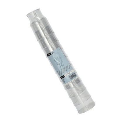 Μια στοίβα από δέκα ποτήρια Starpak 0,2l για κόκκινο κρασί από κρυστάλλινο πολυστυρόλιο (μονοκόμματα, Ø7,2cm, 10cm ύψος) είναι συσκευασμένη σε συρρικνωμένο φιλμ με μπλε-λευκή ετικέτα προϊόντος και απεικόνιση ποτηριού κρασιού.