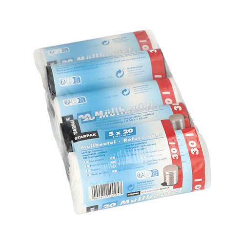 Σακούλες απορριμμάτων Starpak 100, HDPE, 30 λ (60x50 εκ.), σε διάφορα χρώματα. Το κουτί περιέχει 5 ρολά των 20 σακουλών, συσκευασμένα με μπλε-κόκκινη ετικέτα με λευκές επιγραφές και εικόνες κάδων απορριμμάτων.