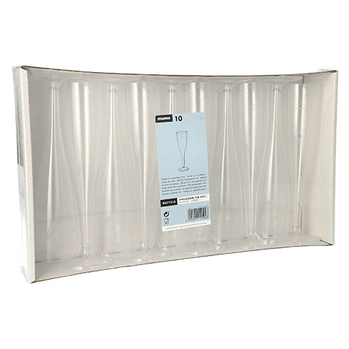 Τα Starpak 10 ποτήρια για αφρώδη οίνους (0,1 l, διαφανή, μονοκόμματα) παρουσιάζονται όρθια σε ένα διαφανές χαρτονένιο δίσκο με κεντρική ετικέτα προϊόντος – ιδανικά για κομψή απόλαυση αφρώδους οίνου. Το κουτί περιέχει 10 κομψά πλαστικά ποτήρια PS.