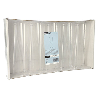 Τα Starpak 10 ποτήρια για αφρώδη οίνους (0,1 l, διαφανή, μονοκόμματα) παρουσιάζονται όρθια σε ένα διαφανές χαρτονένιο δίσκο με κεντρική ετικέτα προϊόντος – ιδανικά για κομψή απόλαυση αφρώδους οίνου. Το κουτί περιέχει 10 κομψά πλαστικά ποτήρια PS.