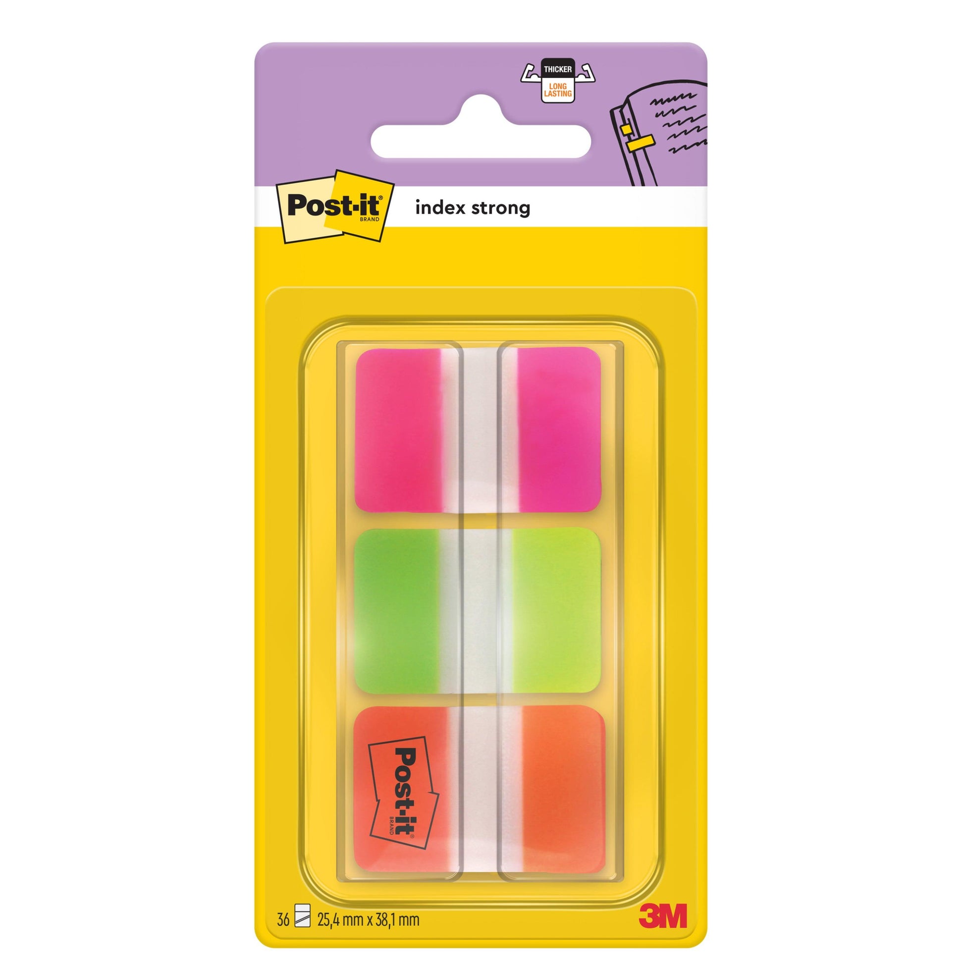 Eine Packung Post-it® Index Strong Ablagetabs von 3M Deutschland GmbH enthält 36 rosa und grüne Ablagetabs (25,4 x 38,1 mm) in einem Spender zur Organisation von Dokumenten. 1 Spender pro Packung.