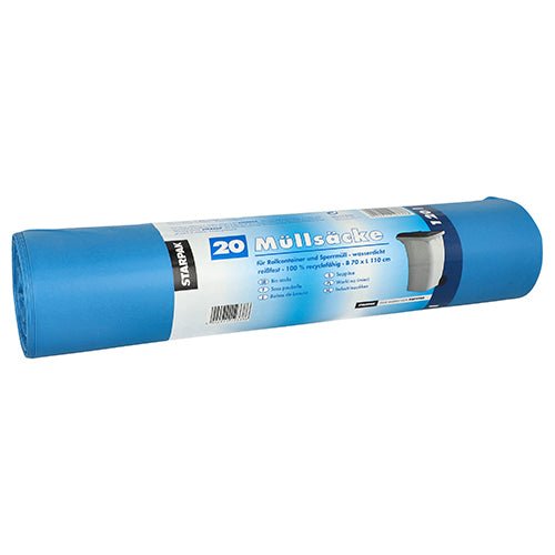 Ένας ρόλος σακούλες απορριμμάτων Starpak 20, LDPE 120 l 110 x 70 cm μπλε, με γερμανική ετικέτα που απεικονίζει έναν κάδο απορριμμάτων και σύμβολα για τη διάθεση απορριμμάτων και το μέγεθος (20 τεμάχια).