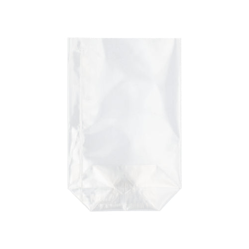 Ο σάκος Starpak 300 από διαφανές PP στέκεται όρθιος με επίπεδο πάτο μπροστά σε λευκό φόντο.
