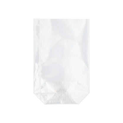 Ο σάκος Starpak 300 από διαφανές PP στέκεται όρθιος με επίπεδο πάτο μπροστά σε λευκό φόντο.