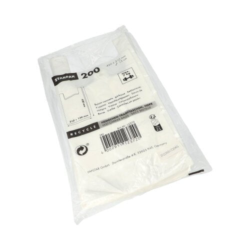 Οι σακούλες μεταφοράς Starpak 200, HDPE λευκό, παραδίδονται σε μια διαφανή πλαστική συσκευασία με τυπωμένο κείμενο, γραμμωτό κώδικα και πληροφορίες για φιλική προς το περιβάλλον ανακύκλωση στο μπροστινό μέρος.