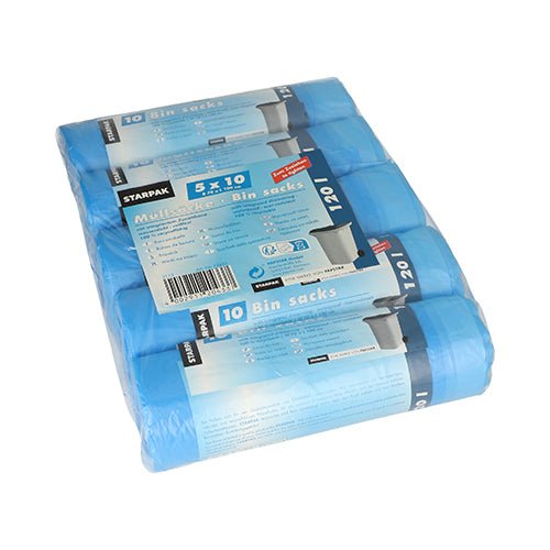 Ένα πακέτο με 50 σακούλες απορριμμάτων Starpak HDPE με κορδόνι, 120L (100x70cm), μπλε, συσκευασμένο σε συρρικνούμενη μεμβράνη. Η συσκευασία περιέχει λεπτομέρειες προϊόντος και οδηγίες χρήσης.