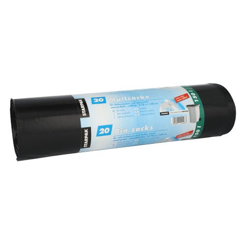 Ένας ρόλος Starpak 20 σακούλες σκουπιδιών, LDPE, 150L (150x70cm), μαύρο, εξαιρετικά ανθεκτικό και ανθεκτικό στο σχίσιμο, παραδίδεται με μια μπλε-λευκή ταινία. Κάθε συσκευασία περιέχει 20 σακούλες, οι οποίες είναι επισημασμένες σε πολλές γλώσσες.