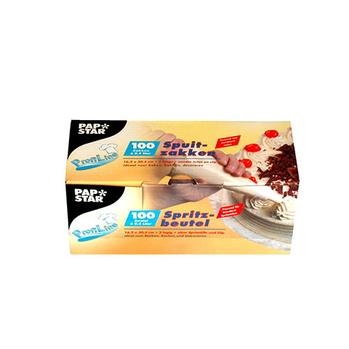 Ένα κουτί PAPSTAR διαφανείς σακούλες ζαχαροπλαστικής (30,5x16,2 cm), κουτί με 100 τεμάχια από την PAPSTAR GmbH-ιδανικό αξεσουάρ ζαχαροπλαστικής για δημιουργική διακόσμηση κέικ. Η κίτρινη συσκευασία δείχνει ένα χέρι που χρησιμοποιεί τη σακούλα ζαχαροπλαστικής για να διακοσμήσει τούρτες.