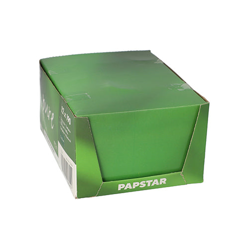 Die grüne PAPSTAR-Box fasst 190 runde Holzzahnstocher (pur", 6,5 cm) und ist seitlich mit Produktinfos und einem Barcode versehen - eine umweltfreundliche Aufbewahrungslösung der PAPSTAR GmbH.