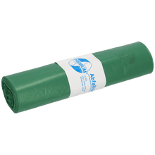 Ένας ρόλος πράσινων πλαστικών σακουλών απορριμμάτων DEISS 12730 (575x1000 mm, 25 τεμάχια) από την EMIL DEISS KG (GmbH + Co.), με μια λευκο-μπλε ετικέτα με κείμενο, λογότυπο και πληροφορίες προϊόντος, που είναι τυλιγμένη στη μέση.