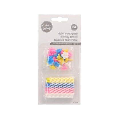 PAPSTAR GmbH Κεριά γενεθλίων, 6 εκ., χρωματιστά ταξινομημένα σε συσκευασία των 24 τεμαχίων με βάσεις σε σχήμα λουλουδιού· συσκευασία πολυγλωσσική (Γερμανικά, Αγγλικά, Γαλλικά).