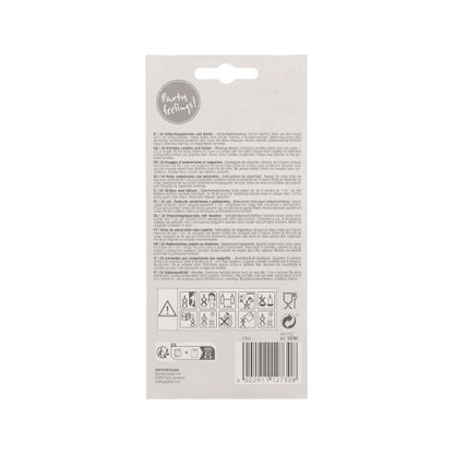 Η πίσω πλευρά των PAPSTAR κεριών γενεθλίων 6 εκ. συσκευασίας (24 τεμάχια) από PAPSTAR GmbH δείχνει τυπωμένες οδηγίες, προειδοποιήσεις, σύμβολα ασφαλείας σε μαύρο, έναν γραμμωτό κώδικα κάτω δεξιά και ένα λογότυπο "Party feeling!!" πάνω αριστερά. Περιέχει χρωματιστά κεριά με βάση.