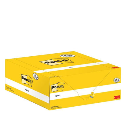 Ένα κίτρινο κουτί σημειώσεων Post-it® από την 3M Deutschland GmbH περιέχει 18 μπλοκ συν 6 δωρεάν μπλοκ (38 × 51 mm, 100 φύλλα/μπλοκ), σε μια συσκευασία από χαρτόνι. Το προϊόν είναι πιστοποιημένο από PEFC (SGSCH-PEFC-COC-110078).