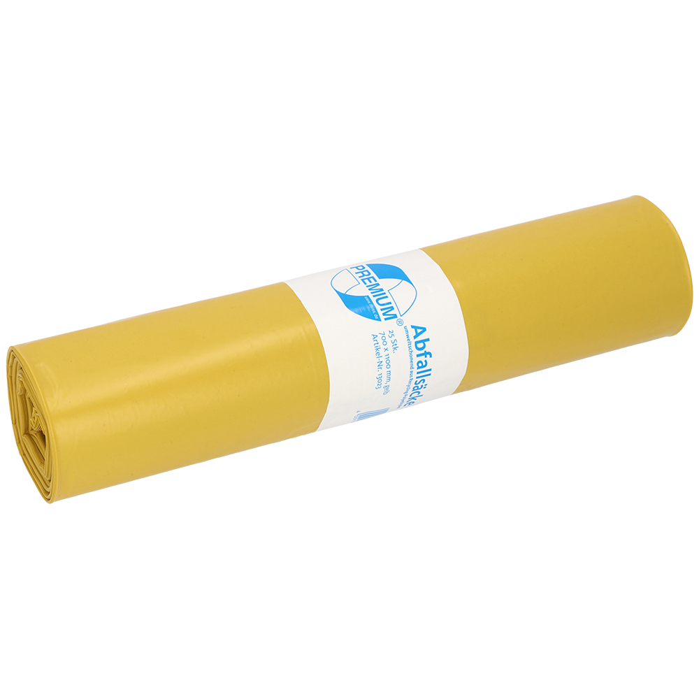 Abgebildet ist eine gelbe Rolle DEISS 13023 Müllsäcke (700x1100 mm, Typ 60, 25 Stück) der EMIL DEISS KG (GmbH + Co.), mit einem weiß-blauen Etikett in der Mitte, auf weißem Grund.