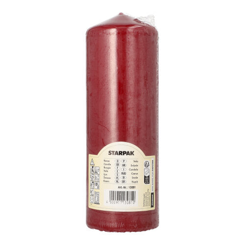 Die Starpak Stumpenkerze Ø 70 mm, 200 mm ist zylindrisch, hat einen flachen Boden, ist in Klarsichtfolie verpackt und trägt vorne ein beiges Etikett – ideal als Wohnzimmerdekoration dank extra langer Brenndauer.