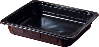 Η Duni GmbH PP Schale 1/2 GN Schwarz PP 325x265 είναι ένας μαύρος, ορθογώνιος δίσκος σερβιρίσματος με επίπεδες πλευρές και λείο εσωτερικό, ιδανικός για τη γαστρονομία ή το catering, απεικονισμένος σε λευκό φόντο.