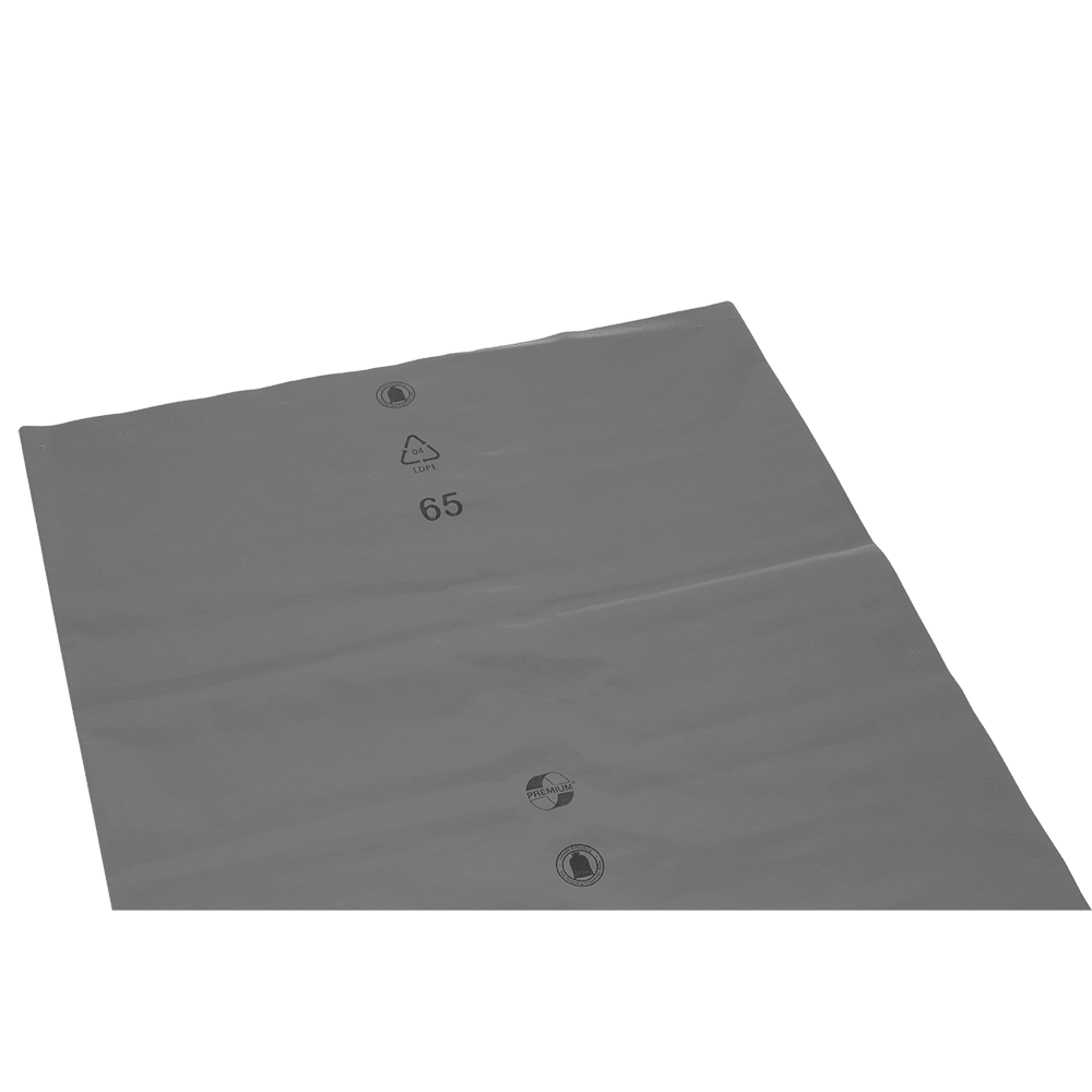 Η επίπεδη, γκρι πλαστική πλάκα DEISS 14101 (700x1100x0,1 mm) της EMIL DEISS KG (GmbH + Co.) με τα τρία κυκλικά σύμβολα και τον κωδικό ανακύκλωσης "LDPE 4 65" σε μαύρο χρώμα χρησιμοποιείται συνήθως για συσκευασίες ή ως προστατευτικό υλικό αποστολής.