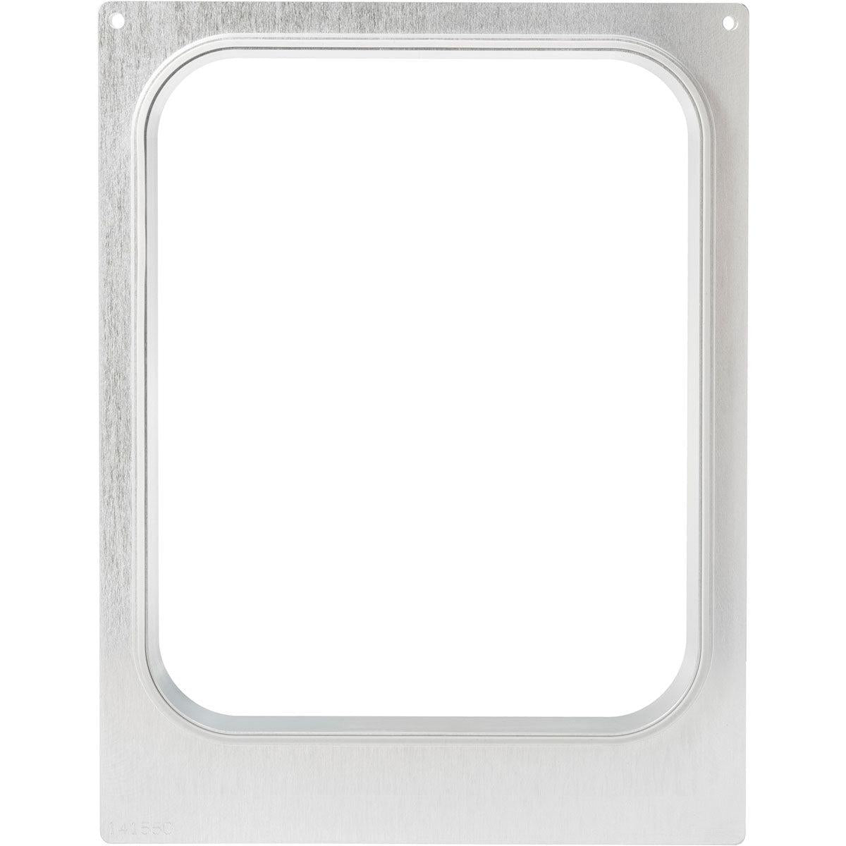 Die Kassette für CPET Schalen 1/2 GN (3350-5100 ml) von Duni GmbH ist ein rechteckiger, metallischer, lebensmittelechter Rahmen mit abgerundeten Ecken und vier Schraublöchern, kompatibel mit 1/2 GN CPET Schalen - perfekt für Gastronomiebetriebe.