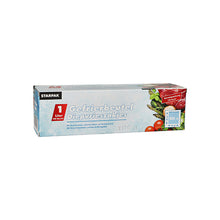 Starpak 100 σακούλες κατάψυξης, LLDPE, 1l (24cm x 16cm), διαφανείς σε κουτί για ασφαλή αποθήκευση τροφίμων. Η συσκευασία δείχνει κατεψυγμένο κρέας και λαχανικά.