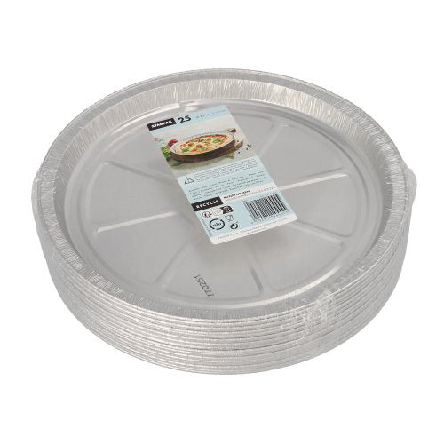 Μια στοίβα από Starpak 25 Rundformen, Alu-Rundbackformen είναι τυλιγμένη σε πλαστικό και φέρει επάνω ετικέτα προϊόντος με πίτσα και πληροφορίες σχετικά με τη θερμική αγωγιμότητα του προϊόντος.