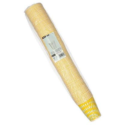 Μια σφραγισμένη συσκευασία με 100 ποτήρια Starpak για κρύα ποτά (χαρτόνι) σε κίτρινες και λευκές ρίγες, συσκευασμένα σε διαφανές πλαστικό με μια ορατή ετικέτα στο μπροστινό μέρος.