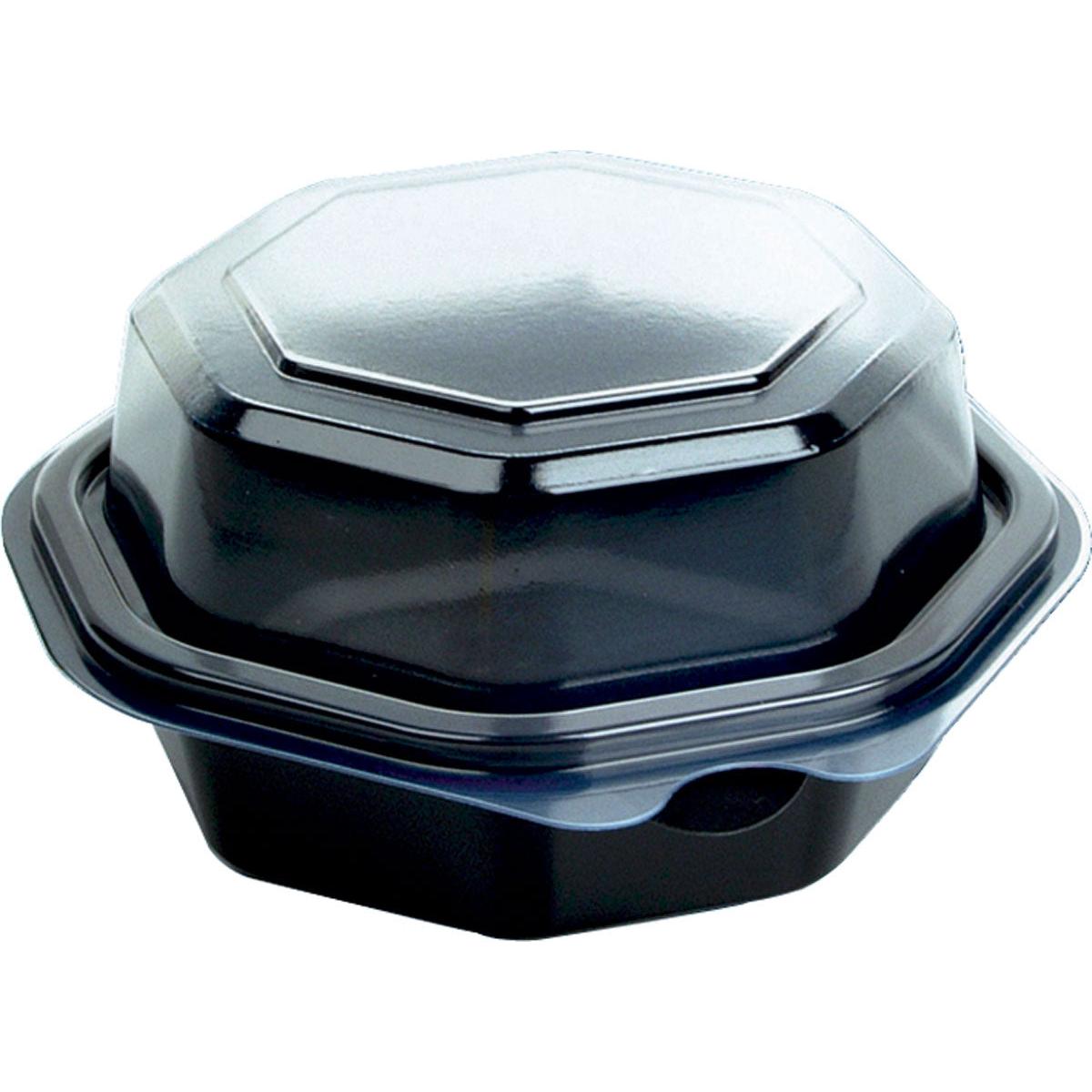 Μια συσκευασία Duni GmbH Octaview® C&C (118x118x60 mm, Μαύρο/Διαφανές PS, 35 τεμάχια) απεικονίζεται κλειστή με το διαφανές, οκτάγωνο καπάκι της μπροστά από ένα απλό λευκό φόντο.
