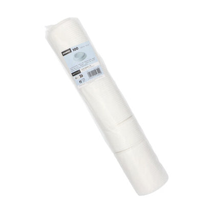 Μια σφραγισμένη πλαστική συσκευασία με 100 λευκά καπάκια Starpak «To Go» (PS, στρογγυλά), απεικονίζεται λοξά με εμφανή ετικέτα προϊόντος - ιδανικό για ζεστά ποτά εν κινήσει. Μάρκα: Starpak.