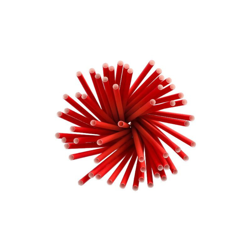 Μια ομάδα βιώσιμων κόκκινων καλαμακιών από χαρτί της μάρκας PAPSTAR Shake με διάμετρο 8 mm και μήκος 25 cm είναι κυκλικά τοποθετημένη με τις λευκές άκρες να δείχνουν προς τα έξω.