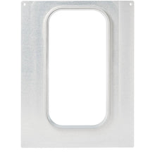 Μια ορθογώνια μεταλλική πλάκα της Duni GmbH με κεντρικό κυκλικό άνοιγμα και τέσσερις γωνιακές τρύπες, ιδανική ως κασέτα DF15/25 για CPET δίσκους 2400 ml - μέγεθος 1/3 GN για γαστρονομικό catering.