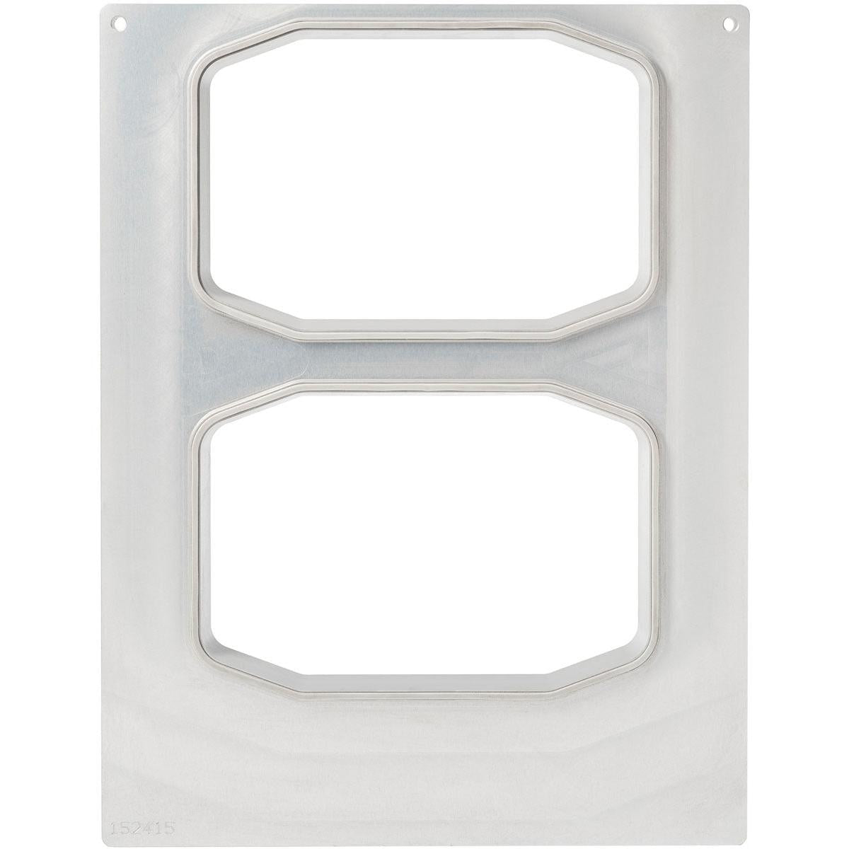 Μια ορθογώνια μεταλλική πλάκα με δύο μεγάλες, κάθετα ευθυγραμμισμένες οκταγωνικές εγκοπές και τρύπες στις επάνω γωνίες, που προορίζεται για την τοποθέτηση της κασέτας Duni GmbH DF15/25 για το δοχείο PP HMR 840-1395 ml - σύστημα 2 χρήσεων.