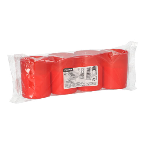 Μια διαφανής πλαστική συσκευασία περιέχει τέσσερα κόκκινα PAPSTAR κεριά τάφου "Stundenbrenner" (Ø 5 cm, 6,5 cm ύψος) της PAPSTAR GmbH, που φέρουν στην μπροστινή πλευρά μια λευκή ετικέτα με πληροφορίες προϊόντος και γραμμωτό κώδικα.