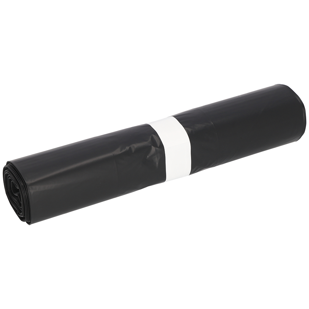 Eine Rolle DEISS 15707 Müllsäcke (575x1000 mm, Typ 60, schwarz, 25 Stück) von EMIL DEISS KG (GmbH + Co.), eingewickelt in ein schlichtes weißes Papierband und ausgestellt auf weißem Hintergrund.