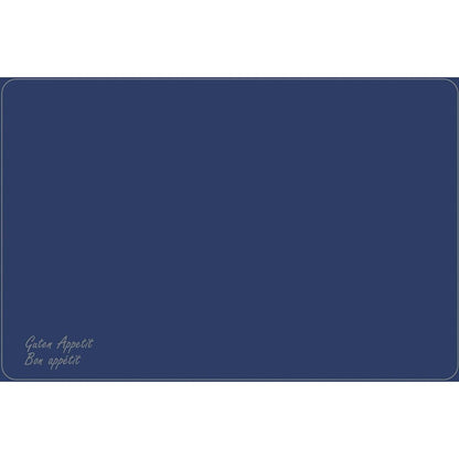 Ένα ορθογώνιο Dunicel-Tischset 33 x 48 cm της Duni GmbH σε σκούρο μπλε, διακοσμημένο με λευκά περιγράμματα και "Guten Appetit" & "Bon appétit" με καλλιγραφία στη γωνία. Ιδανικό για κομψά τραπεζομάντηλα Vesca Norm.