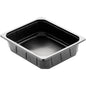 Ένα μαύρο δοχείο PP 1/2 GN (325x265x60 mm) από την Duni GmbH, από πολυπροπυλένιο με φαρδύ χείλος και δομημένες πλευρές, ιδανικό για την επαγγελματική γαστρονομία. Διατίθεται σε συσκευασίες των 100 τεμαχίων.