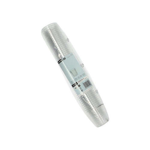 Ein Stapel Starpak 50 Trinkbecher, PS glasklar, mit einem Fassungsvermögen von je 0,2 l wird in einer Kunststoffverpackung mit einem hellblau-weißen Etikett mit Produktangaben und einem Barcode verpackt.