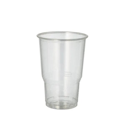 Το PAPSTAR 70 ποτήρι κρύων ποτών, PLA "pure" διαυγές με αφρώδη άκρη της PAPSTAR GmbH στέκεται σε λευκό φόντο και παρουσιάζει το φιλικό προς το περιβάλλον σχεδιασμό του, ιδανικό για το σερβίρισμα κρύων ποτών.